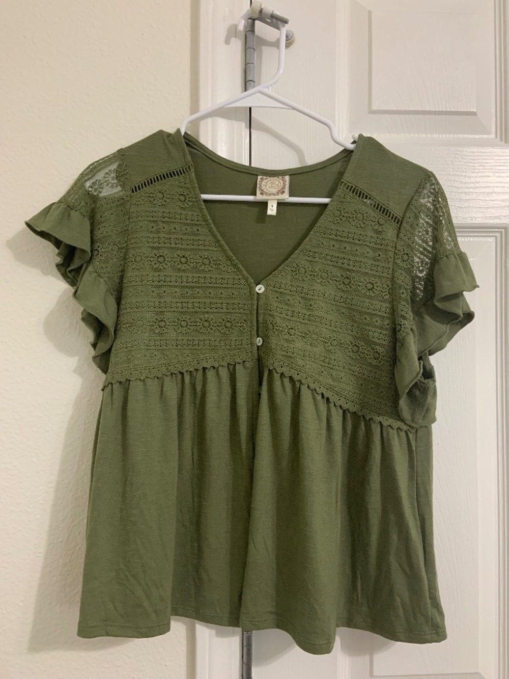 Truself Olive Green Lace & Ruffle Blouse – Size Small